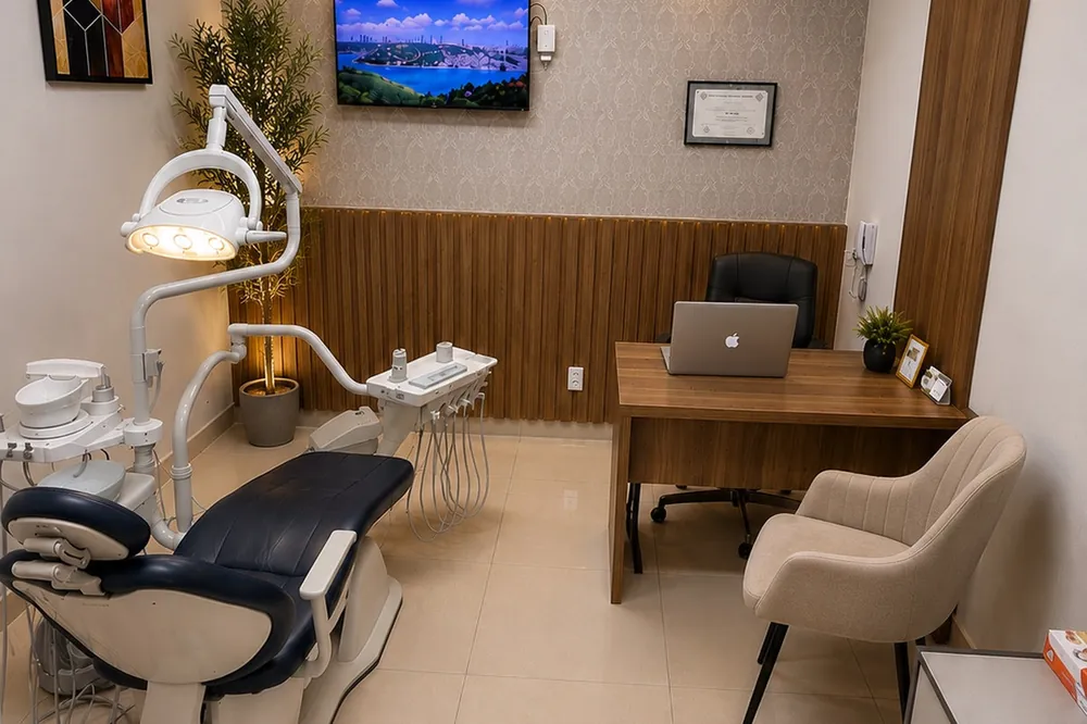 Consultório com cadeira odontológica e mesa de atendimento para conversa com o paciente